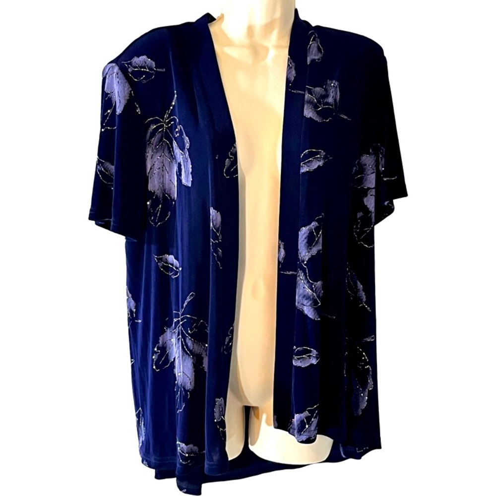 Ladies R & M RICHARDS navy and blue floral short sleeved cardigan dressy church - Picture 1 of 14